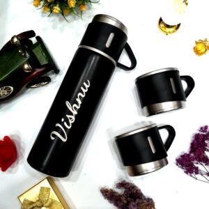 Custom Thermos With Cup Lid 3 Cups Gift Box Set for Travel Outdoor Camping - Add Name R