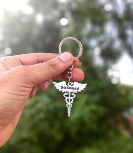 Stainless Steel Heart Beat Doctor Logo With Name Customized Keychain, Silver