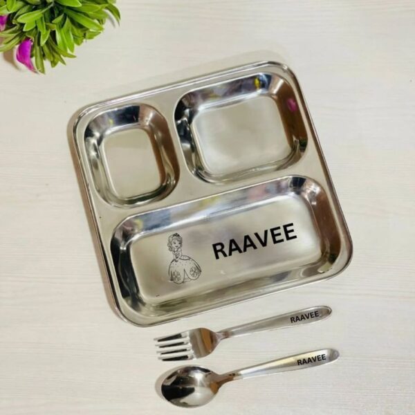 Name Thali, Stainless Steel (3 Partition Thali, Spoon, Fork )