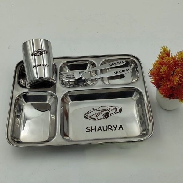 Personalized Name Thali Stainless Steel | 5 Partition Thali with Spoon & Fork | Customized Kids Thali | Latest Gift Mall