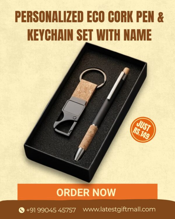 Personalized Eco Cork Pen & Keychain with Name Customized Gift Set
