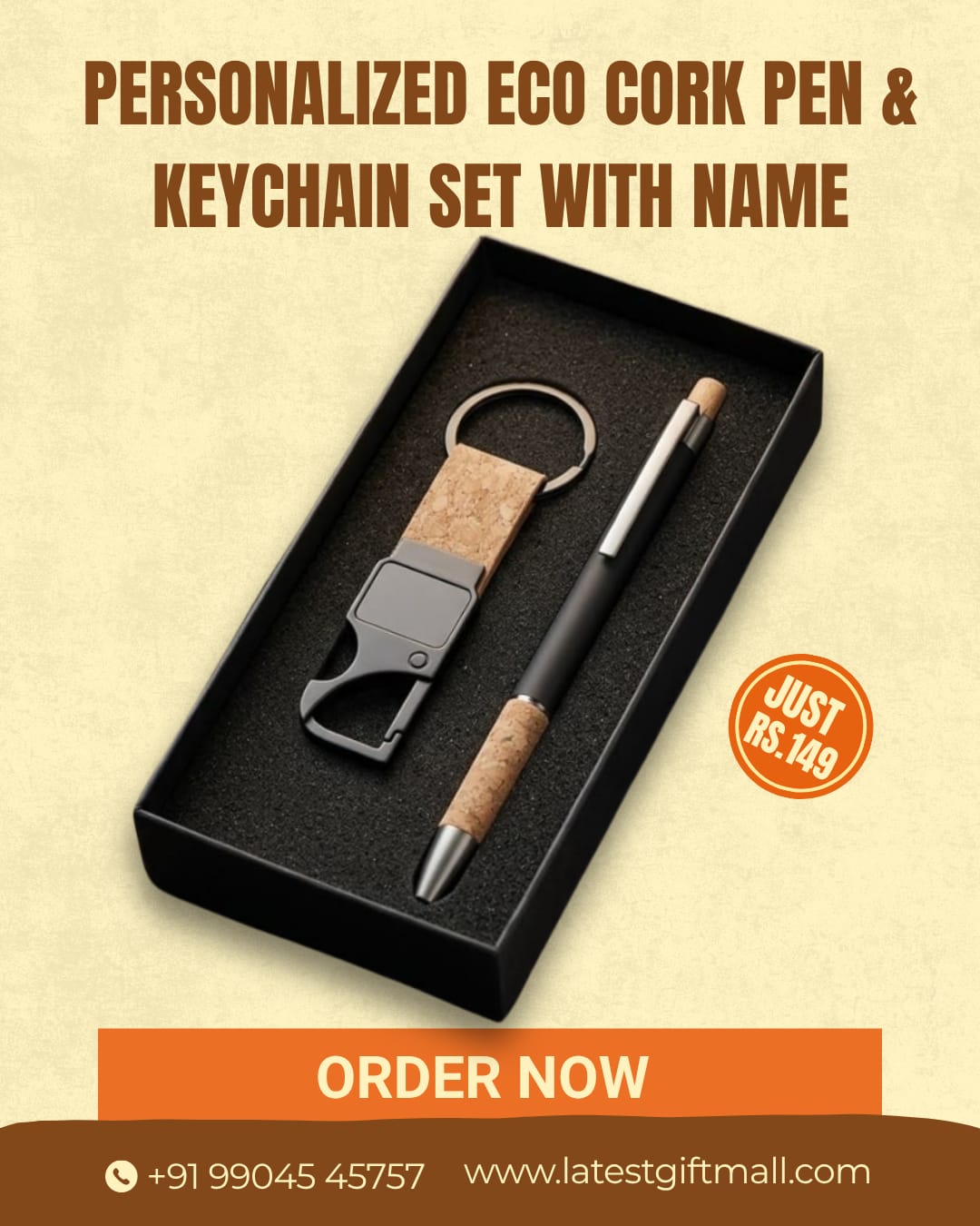 Personalized Eco Cork Pen & Keychain with Name Customized Gift Set