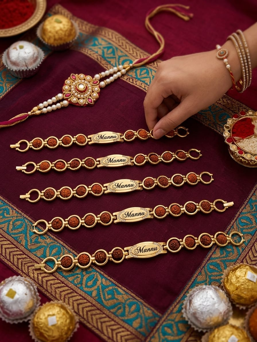 Customized Metal Rudraksha Name Bracelet Rakhi Personalized Engraved Rakhi for Brother Premium Raksha Bandhan Gift