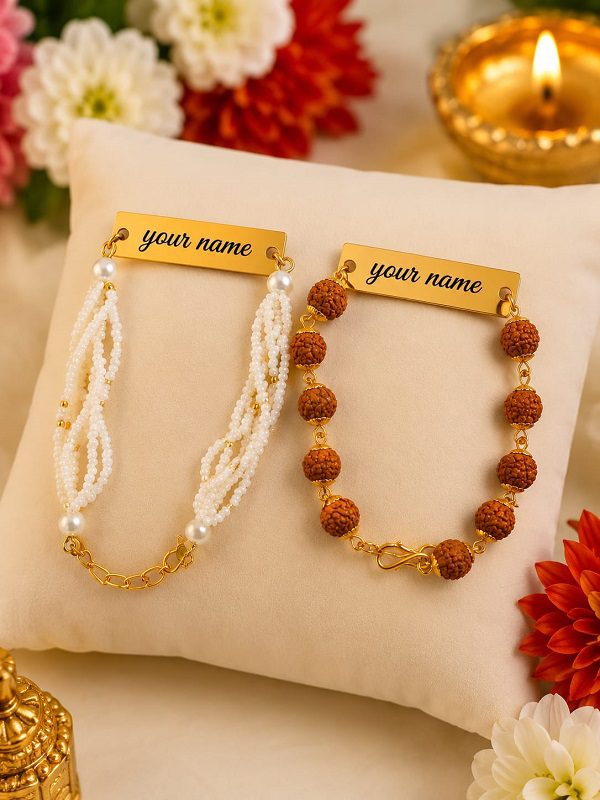 Personalized Bhabhi Rakhi Set with Name Rudraksha & Moti Rakhi Combo Latest Gift Mall