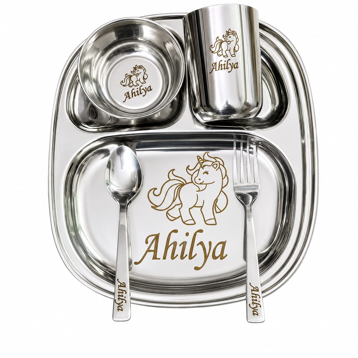 Customized thali Set with Name oval shape, Stainless steel ( 5 pis)